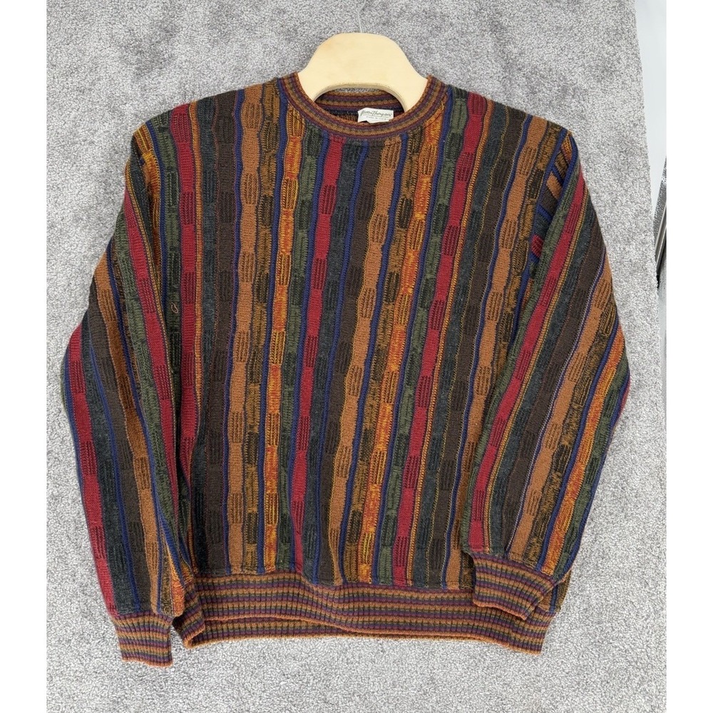 Norm Thompson Mens XXL Merino Wool 3D Knit Sweater Italy Multi Stripe Vintage